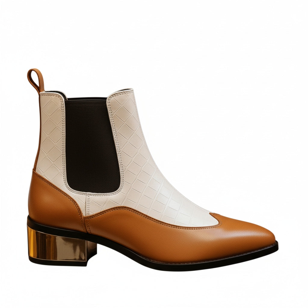 Luxury Dual-Tone Croco Leather Chelsea Boots with Metallic Gold Heel