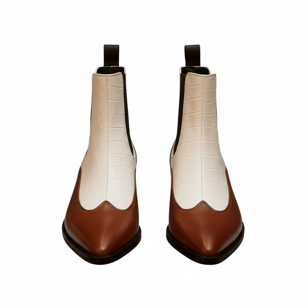 Luxury Blue & White Dual-Tone Croco Leather Chelsea Boots with Metallic Gold Heel