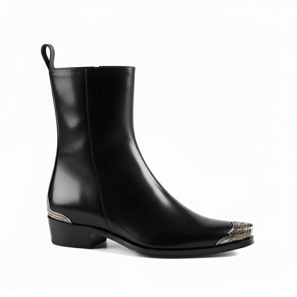 Patent Brown Long Chelsea Boots with Silver Toe