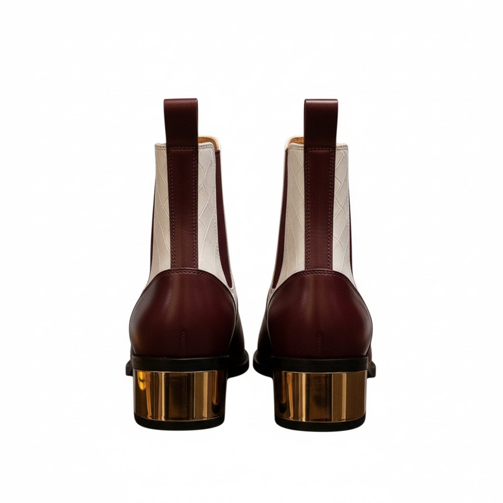 Luxury Blue & White Dual-Tone Croco Leather Chelsea Boots with Metallic Gold Heel