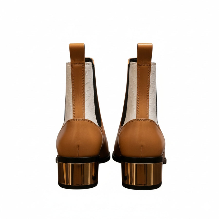 Luxury Dual Tone Croco Leather Chelsea Boots with Metallic Gold Heel