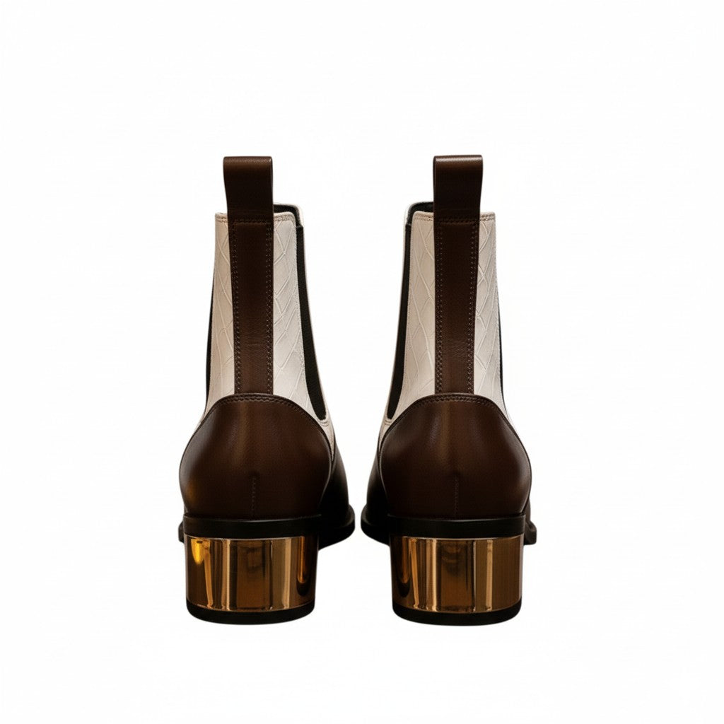 Luxury Dual Tone Croco Leather Chelsea Boots with Metallic Gold Heel
