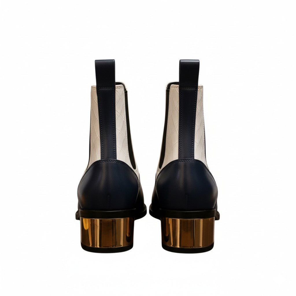 Luxury Blue & White Dual-Tone Croco Leather Chelsea Boots with Metallic Gold Heel