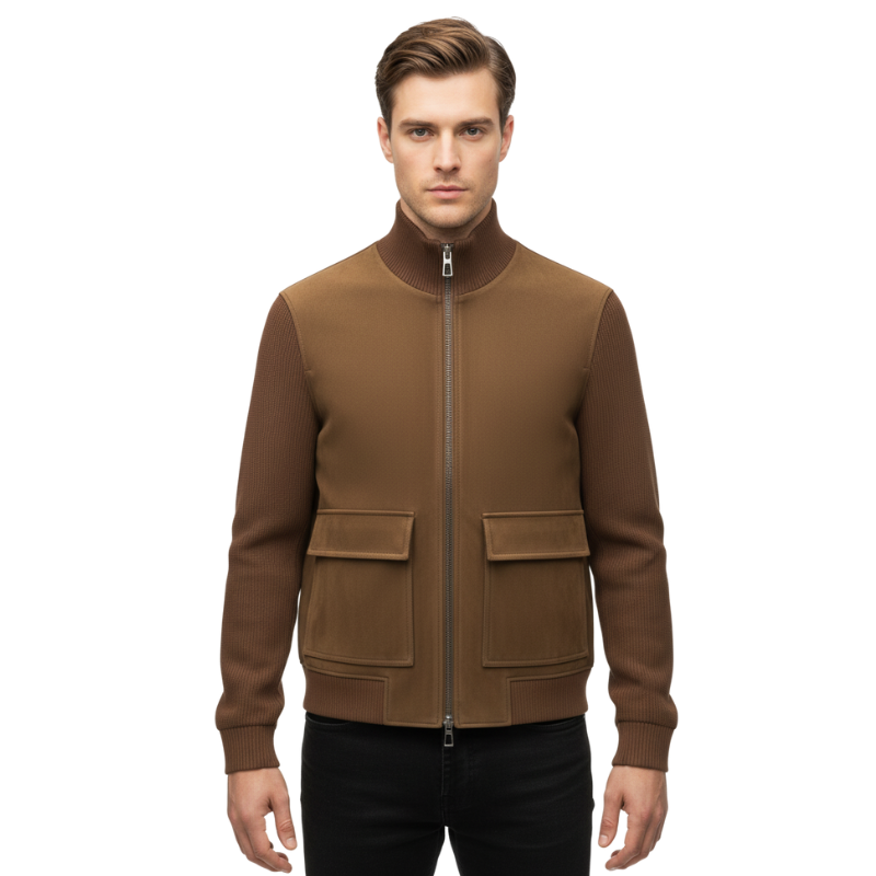 Cognac Suede Ribbed Bomber Jacket
