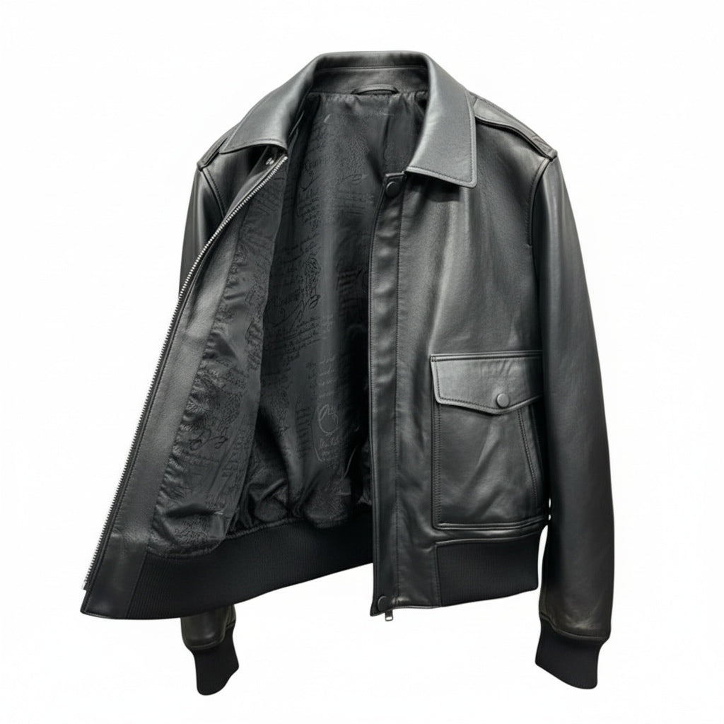 Dual Flap Aviator Leather Bomber Jacket