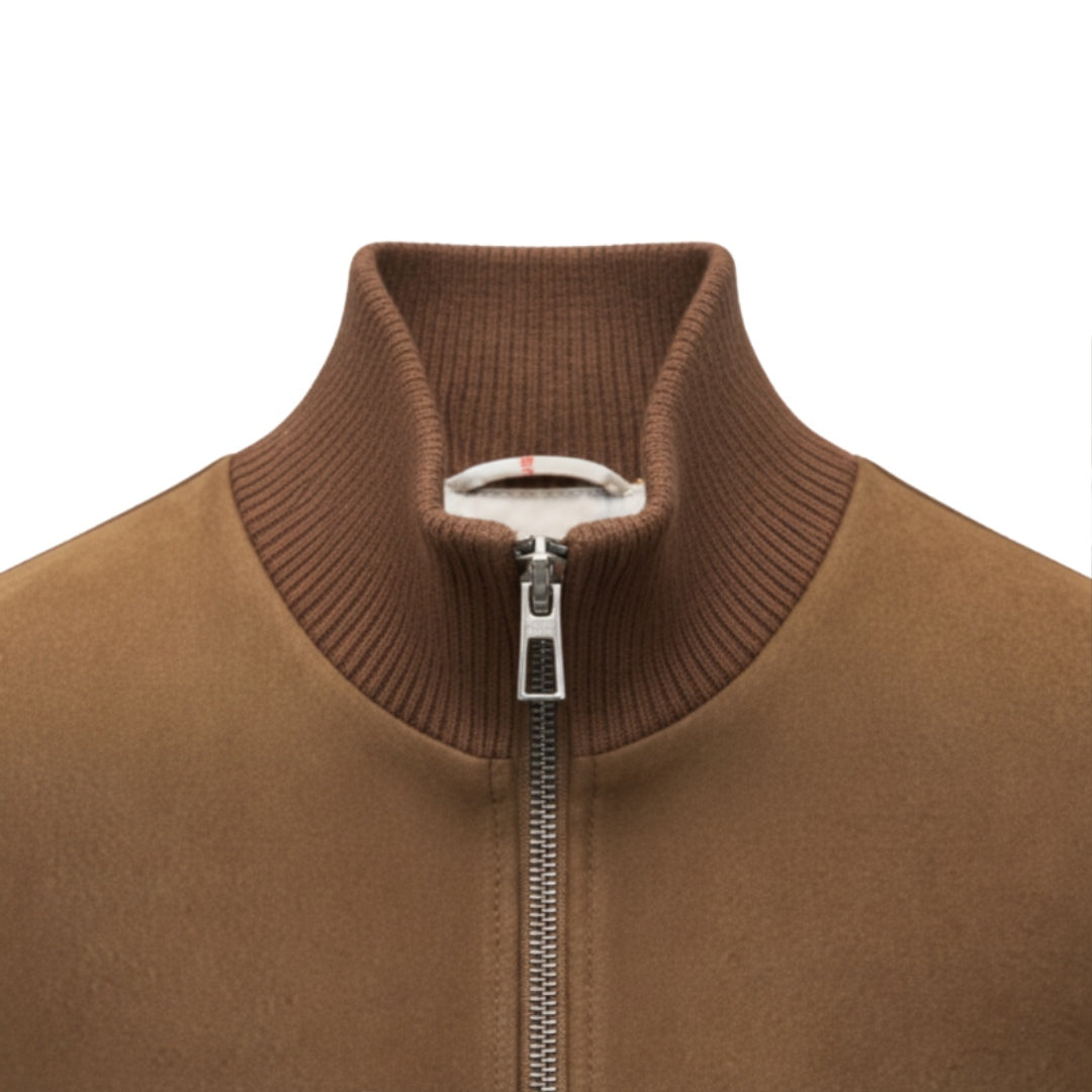 Cognac Suede Ribbed Bomber Jacket