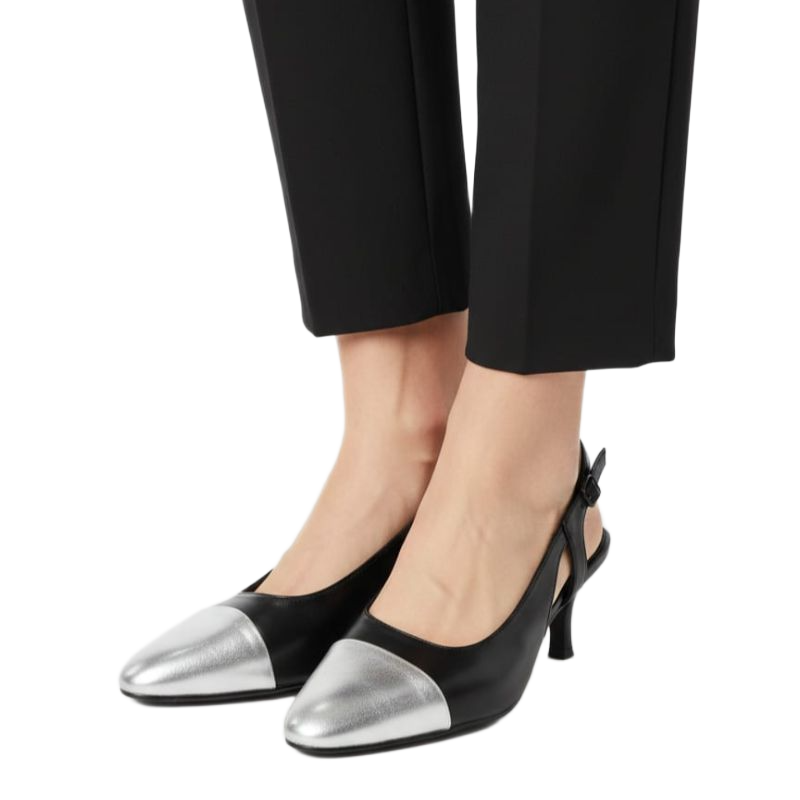 Midnight Silver Cap-Toe Slingback Heels