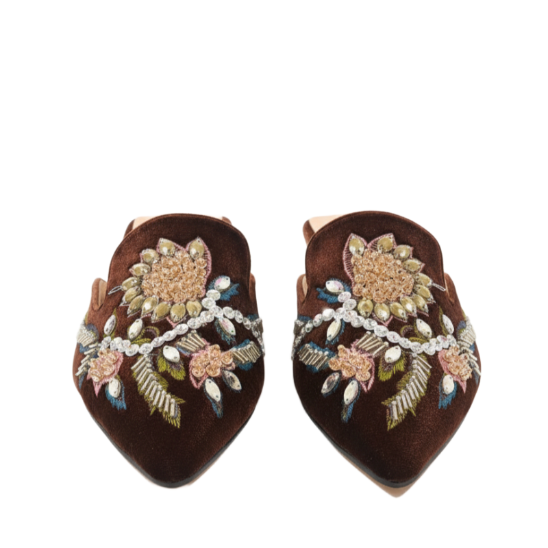 Floral Embroidered Midnight Velvet Mules