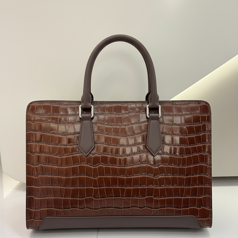 Umber Crest Crocodile-Embossed Leather Briefcase