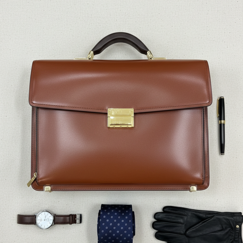 Polished Leather Gold-Tone Accents Briefcase