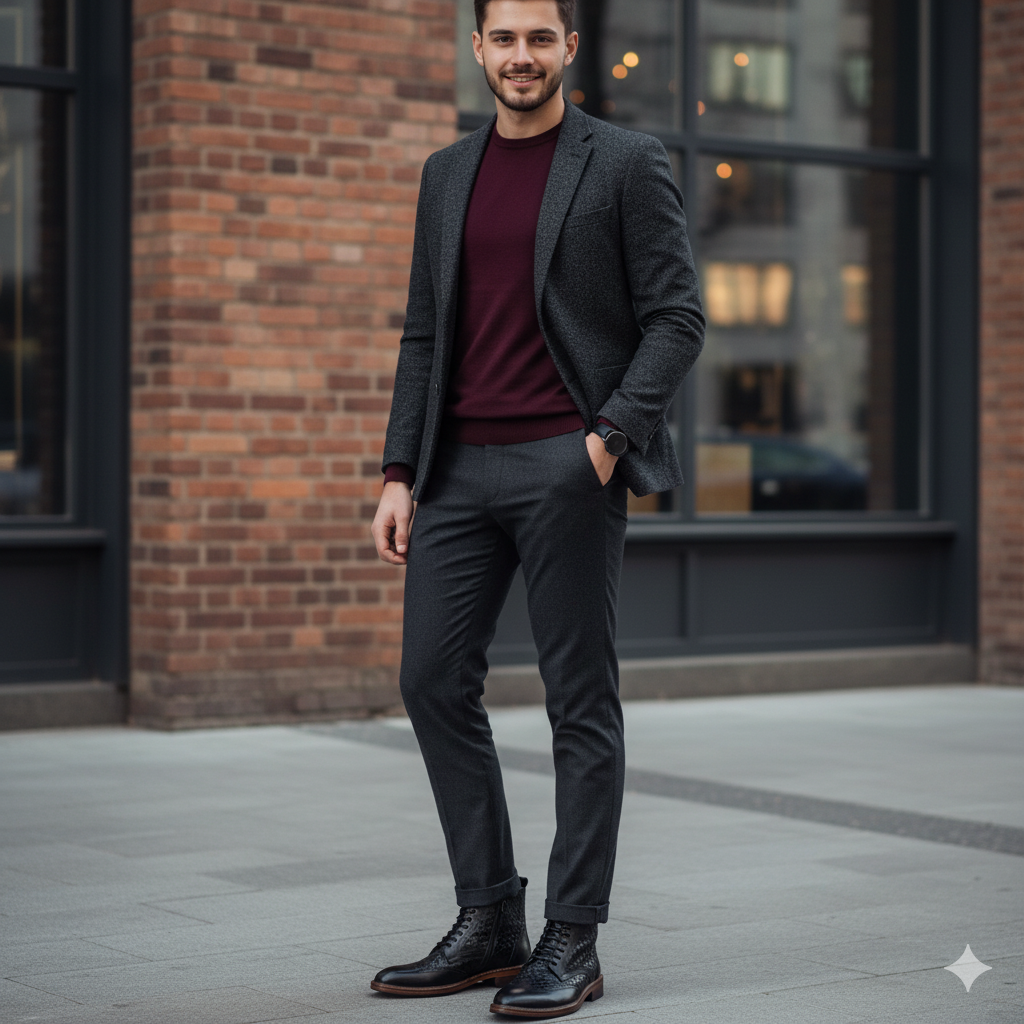 Black Leather Wingtip Brogue Lace-Up Men Boot with Zipper