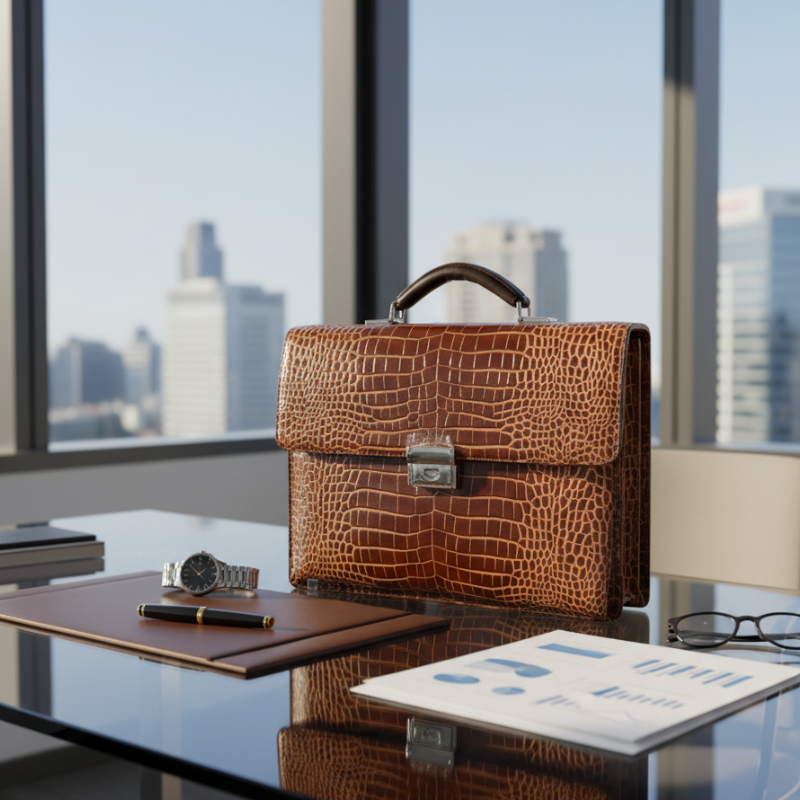 Sable Crest Crocodile-Embossed Leather Briefcase