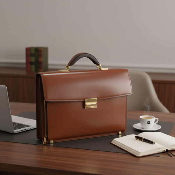 Polished Leather Gold Tone Accents Briefcase
