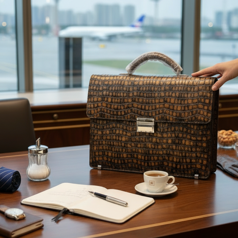 Dual-Tone Crocodile-Embossed Leather Briefcase