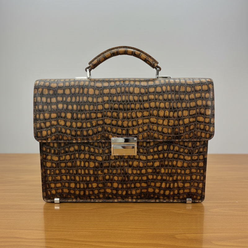 Dual-Tone Crocodile-Embossed Leather Briefcase