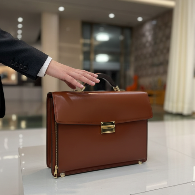 Polished Leather Gold-Tone Accents Briefcase