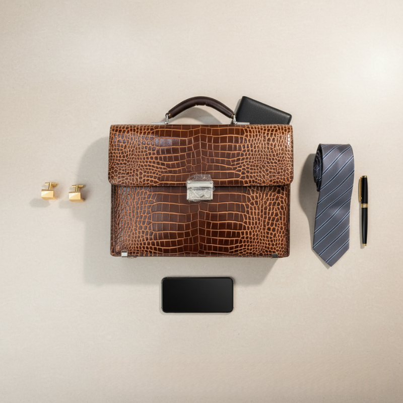 Sable Crest Crocodile-Embossed Leather Briefcase