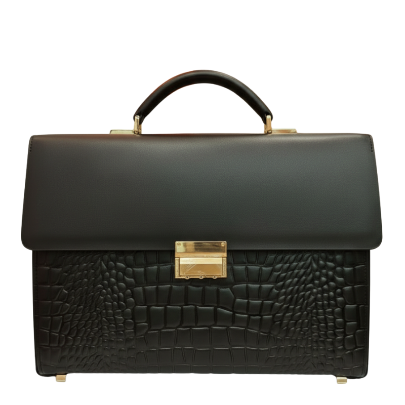 Obsidian Crest Crocodile Embossed Leather Briefcase