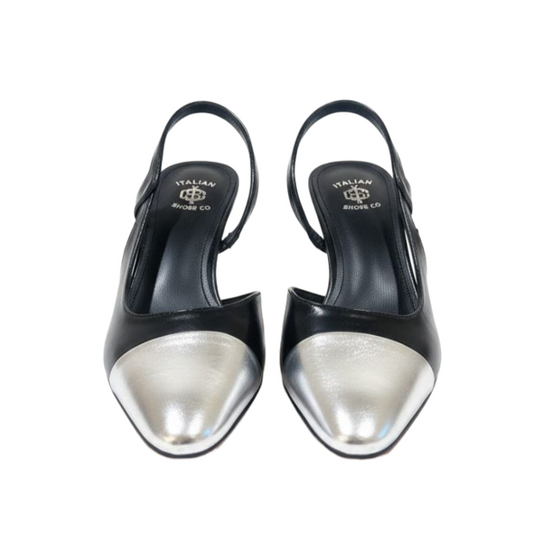 Midnight Silver Cap-Toe Slingback Heels