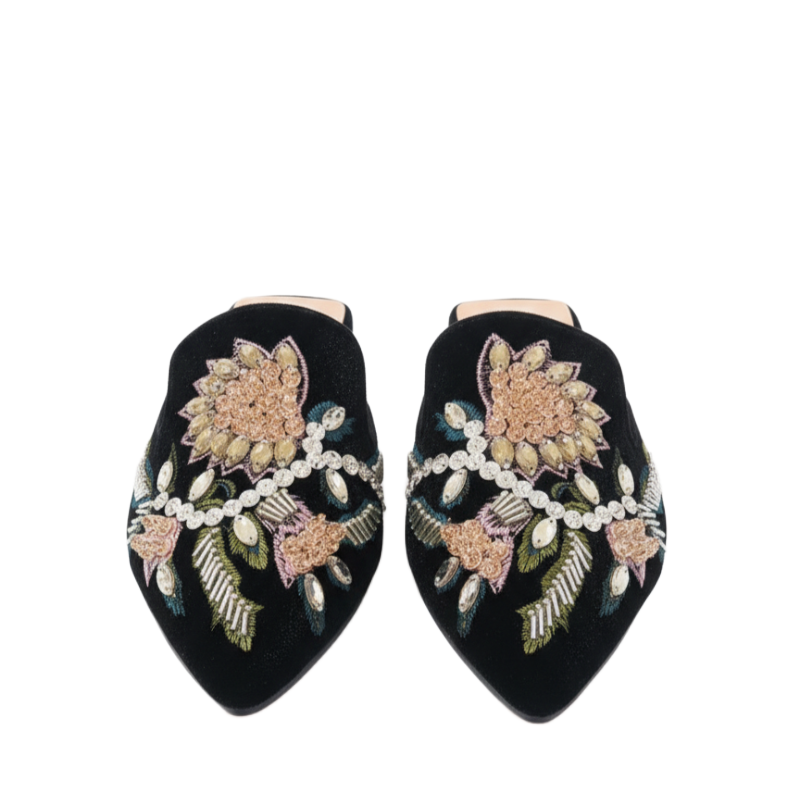 Floral Embroidered Midnight Velvet Mules