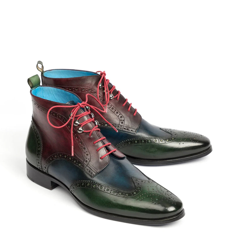 Men Dual Tone Leather Wingtip Ankle Green & Blue Burgundy Boot
