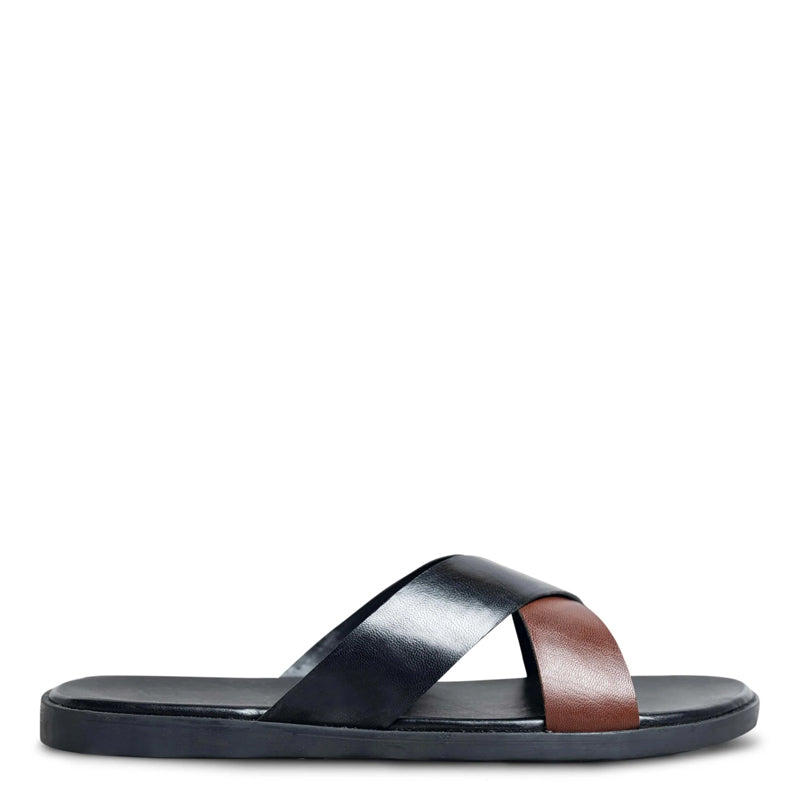 Cross Style Premium Solid Leather Black Brown Slipper