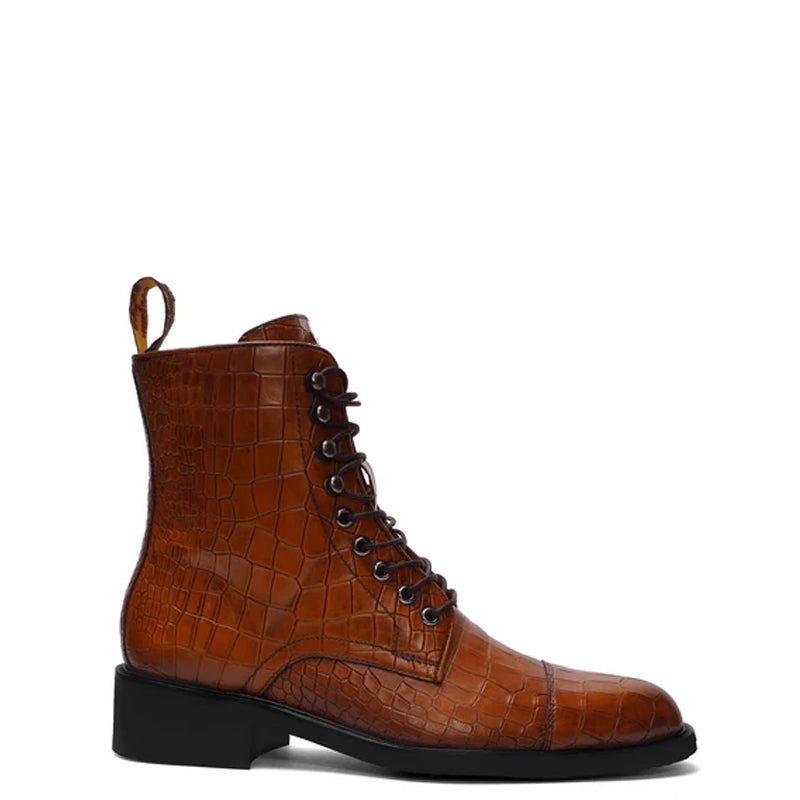 Croco Leather Lace-Up High Ankle Boot Black