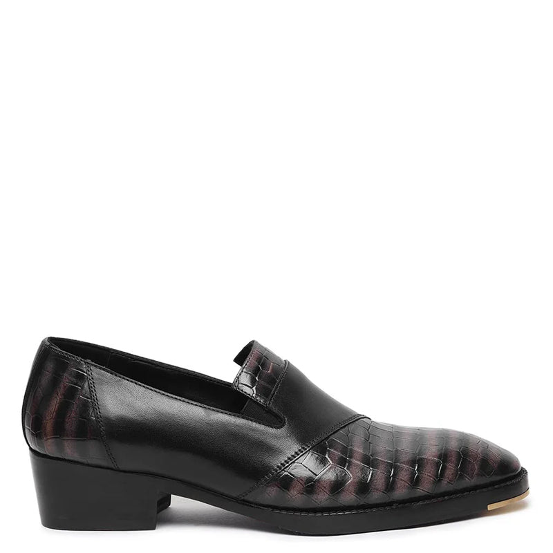 Patina Croco Mirror Glossed Cuban Heel Loafer Black