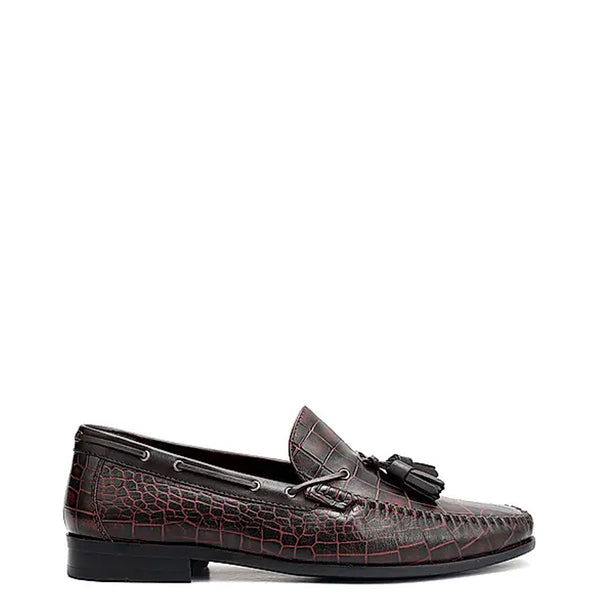 Crocodile Pattern Side Lacing Leather Tassel Loafer Burgundy