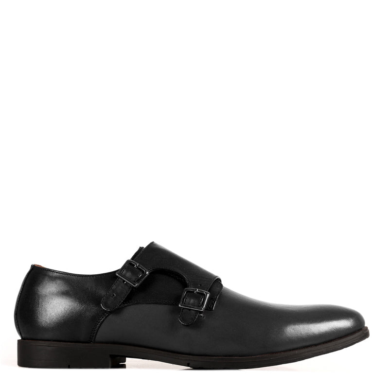 Leather Double Monk Strap Black and Burgundy Shoe For Men