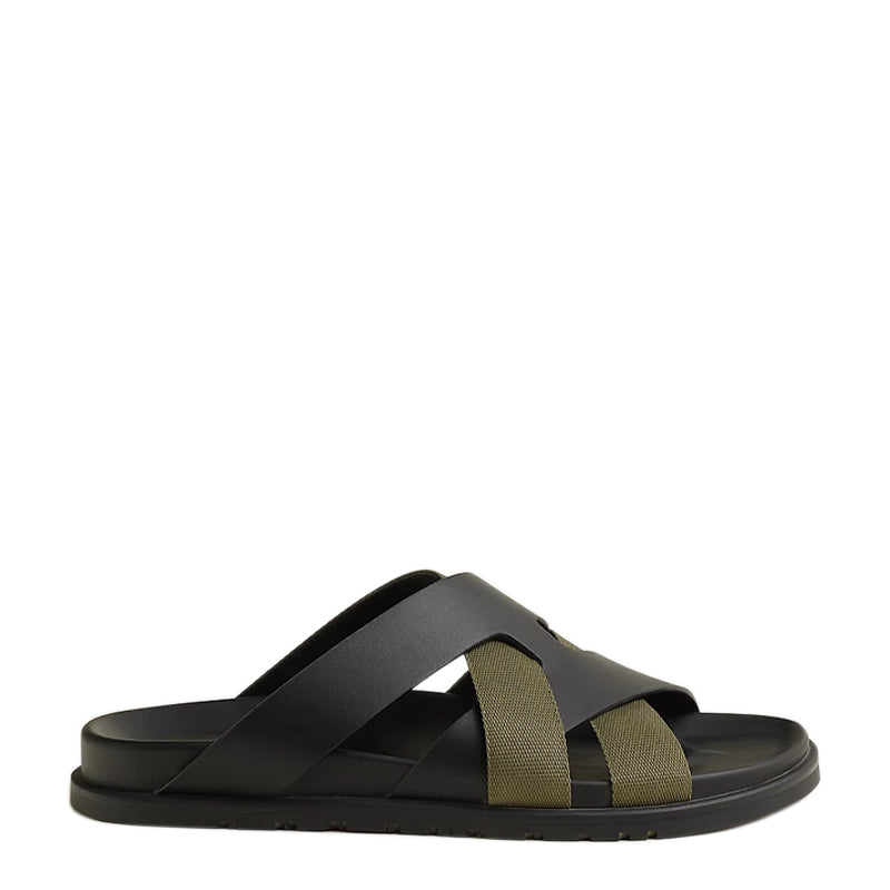 Men Textured Leather Comfort Black/Green Sandal