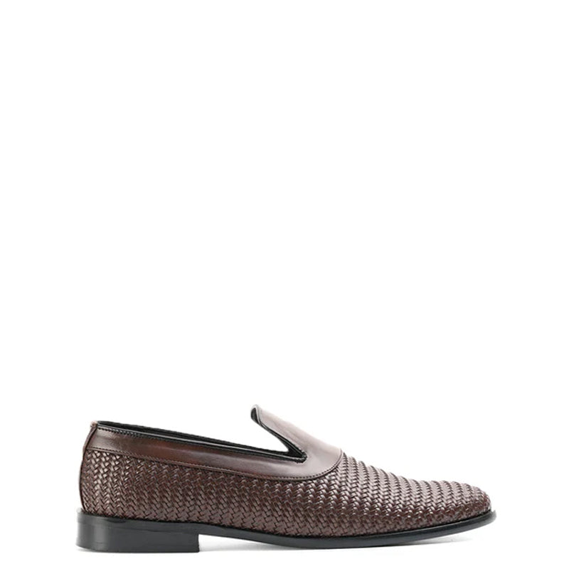 Woven Slip On Leather Black Loafer For Men