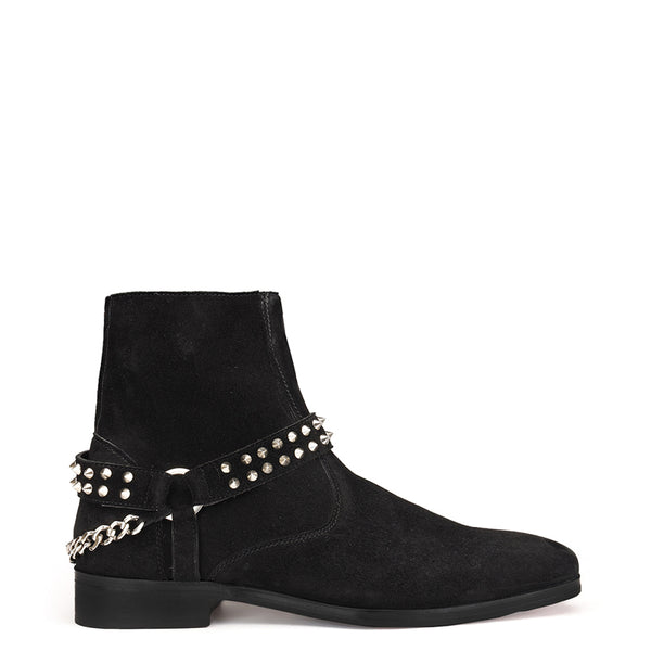 Luxury Spike Stud Velvet Side Zipper Boot With Chain