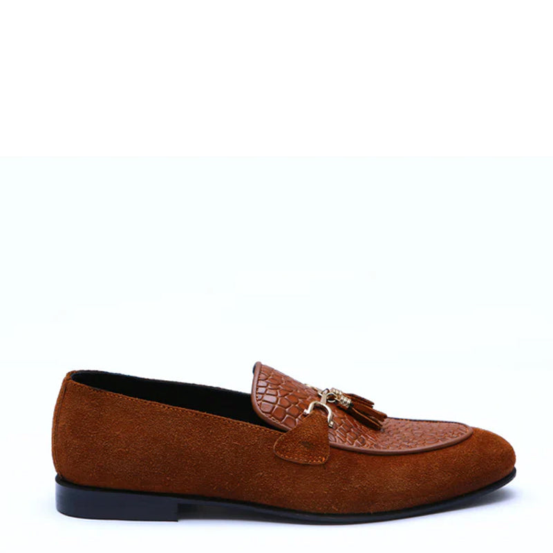 Pure Suede Leather Tassel Tan Loafer With Gold Buckle