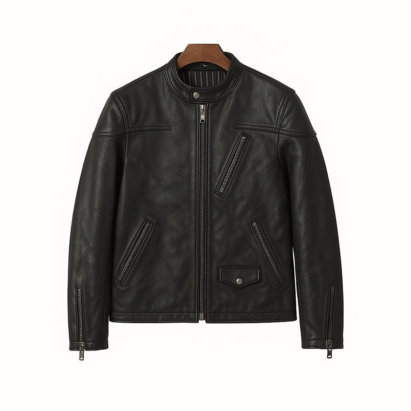 Men s Zip Up Vintage Burgundy Biker Jacket with Stand Collar and Pockets