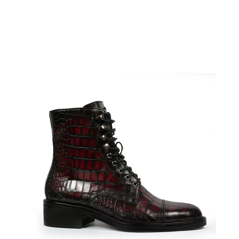 Croco Leather Lace-Up High Ankle Boot Burgundy
