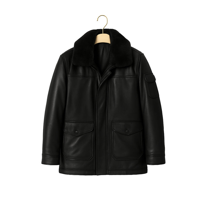 Men s Luxurious Black Front Pocket Jacket with Fur Collar