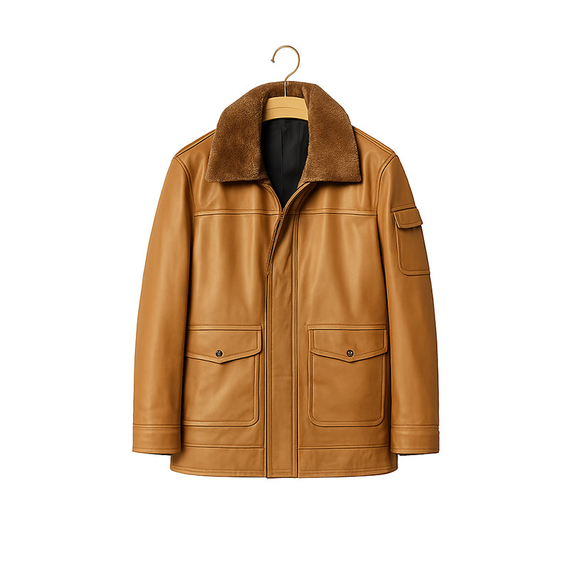 Men's Luxurious Tan Front Pocket Jacket with Fur Collar