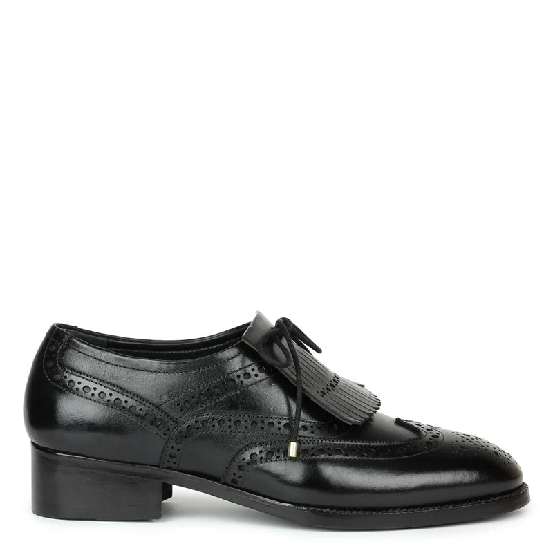 Wingtip Leather Fringed Design Oxford Shoes Black
