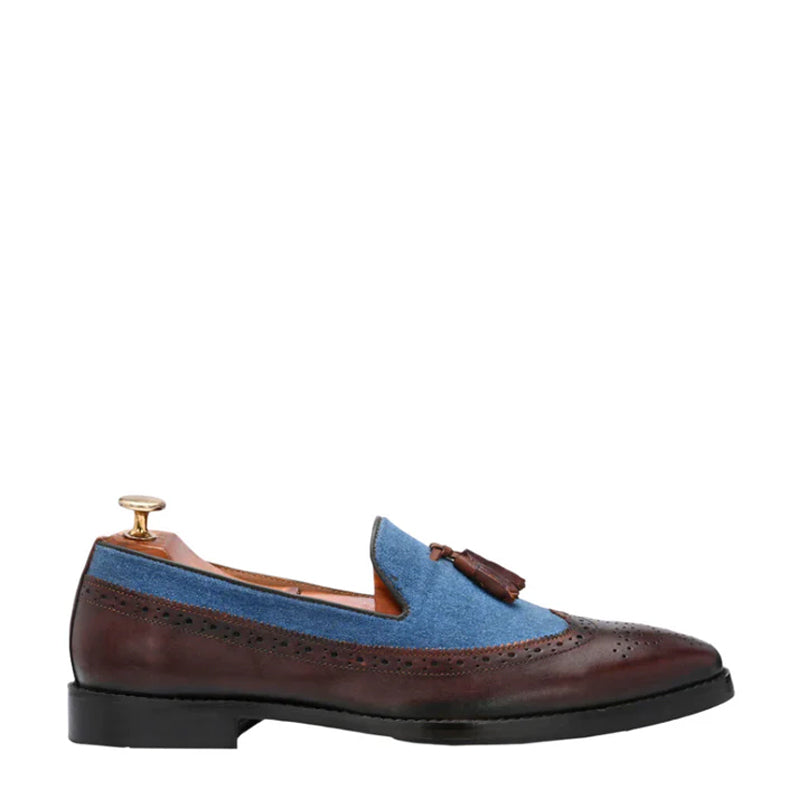 Upper Suede Wingtip Leather Tassel Brown and Blue Loafer
