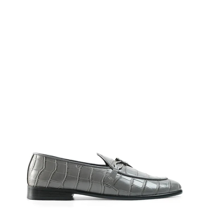 Croco Print Leather Stylish Grey Loafer With Side Hook