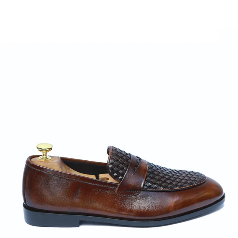 mens black slip on dress shoes Men Handwoven Two Tone Brown Penny Leather Loafer