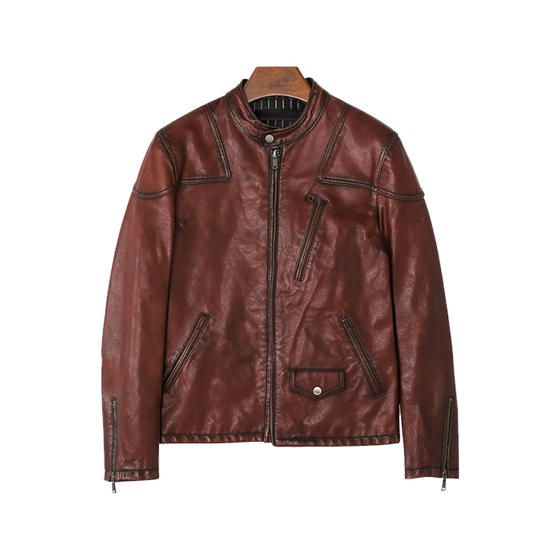 Men s Zip Up Vintage Burgundy Biker Jacket with Stand Collar and Pockets