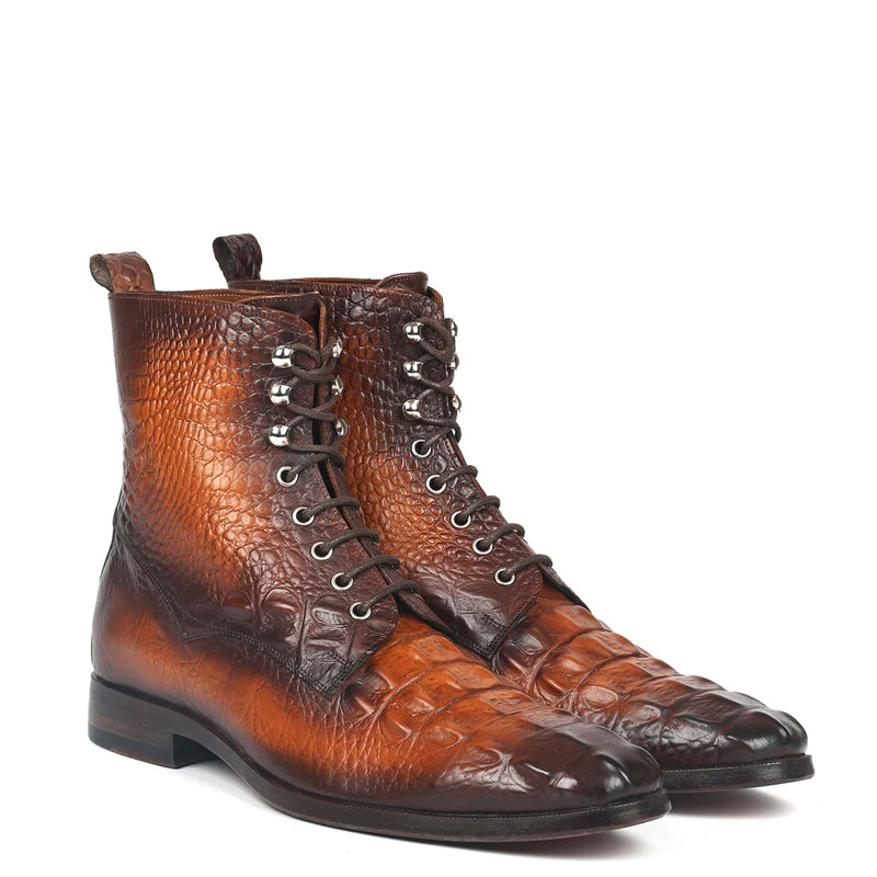Croco Embossed Leather Lace-Up Ankle Boots