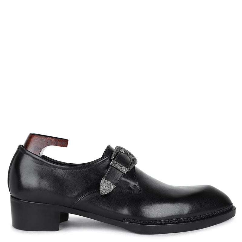 Plain Leather Single Monk Black Shoe With Side Buckle