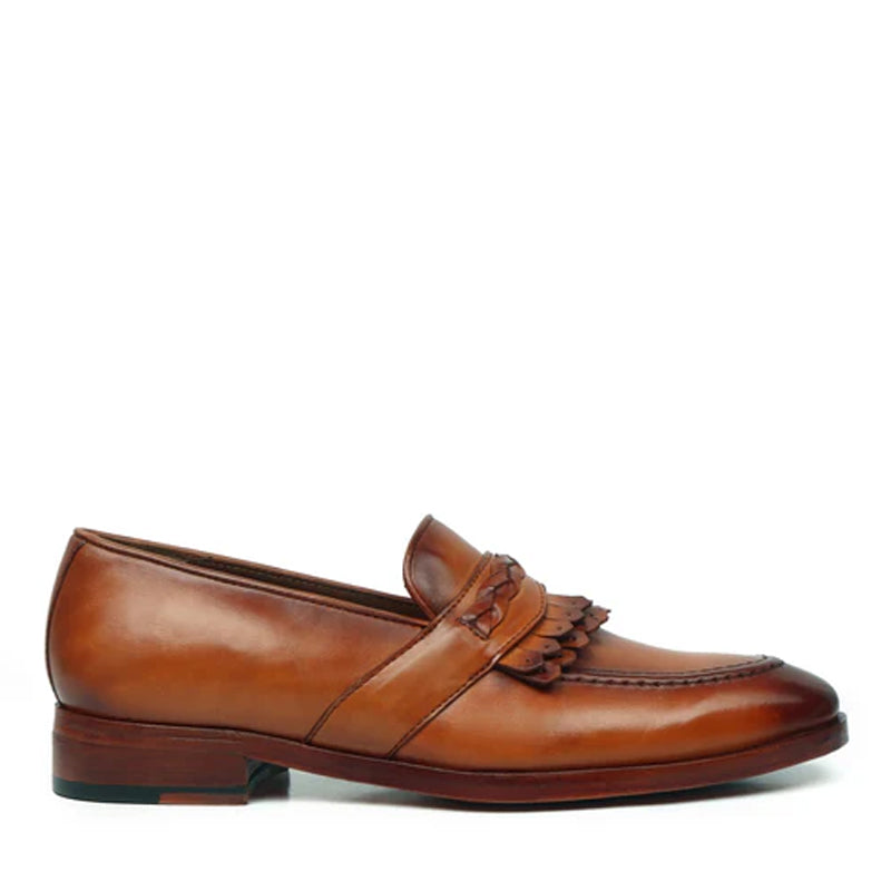 Pure Handmade Solid Tan Leather Loafer With Fringe