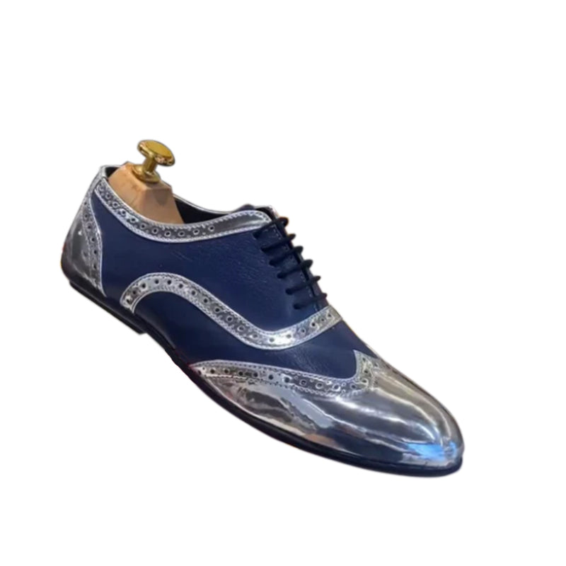 Patent Silver & Blue Moroccan Leather Oxfords Shoes Patent Silver & Blue Moroccan Leather Oxfords Shoes