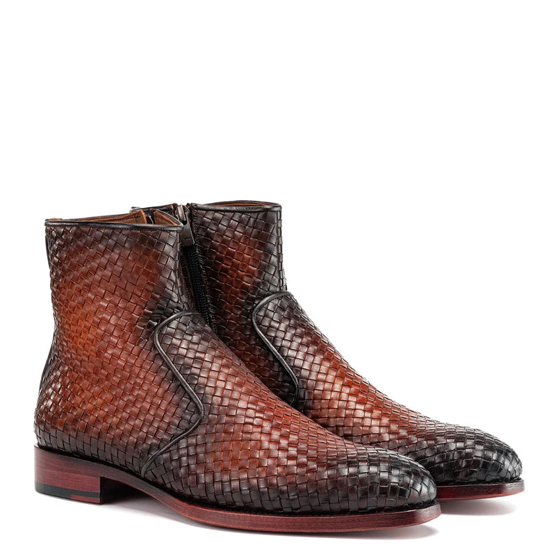 Luxury Stylish Woven Leather Side Zipper Boot Brown