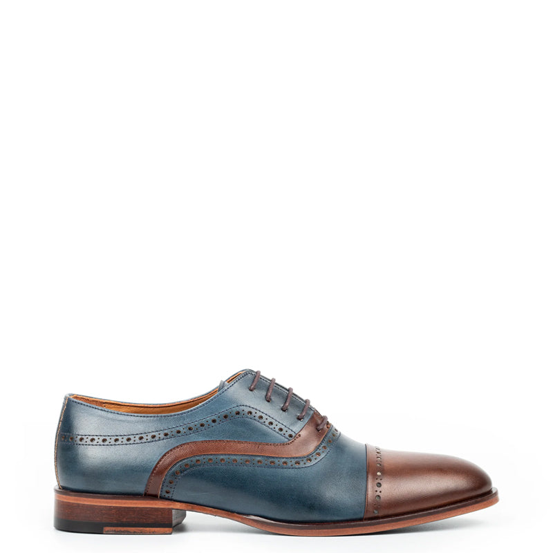 Classic Handpainted Cap-Toe Leather Blue/Brown Oxford Shoe