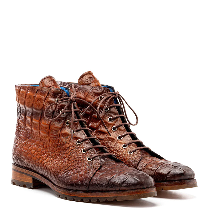 Hand-Painted Croco Print Leather Lace-Up Boot Burgundy